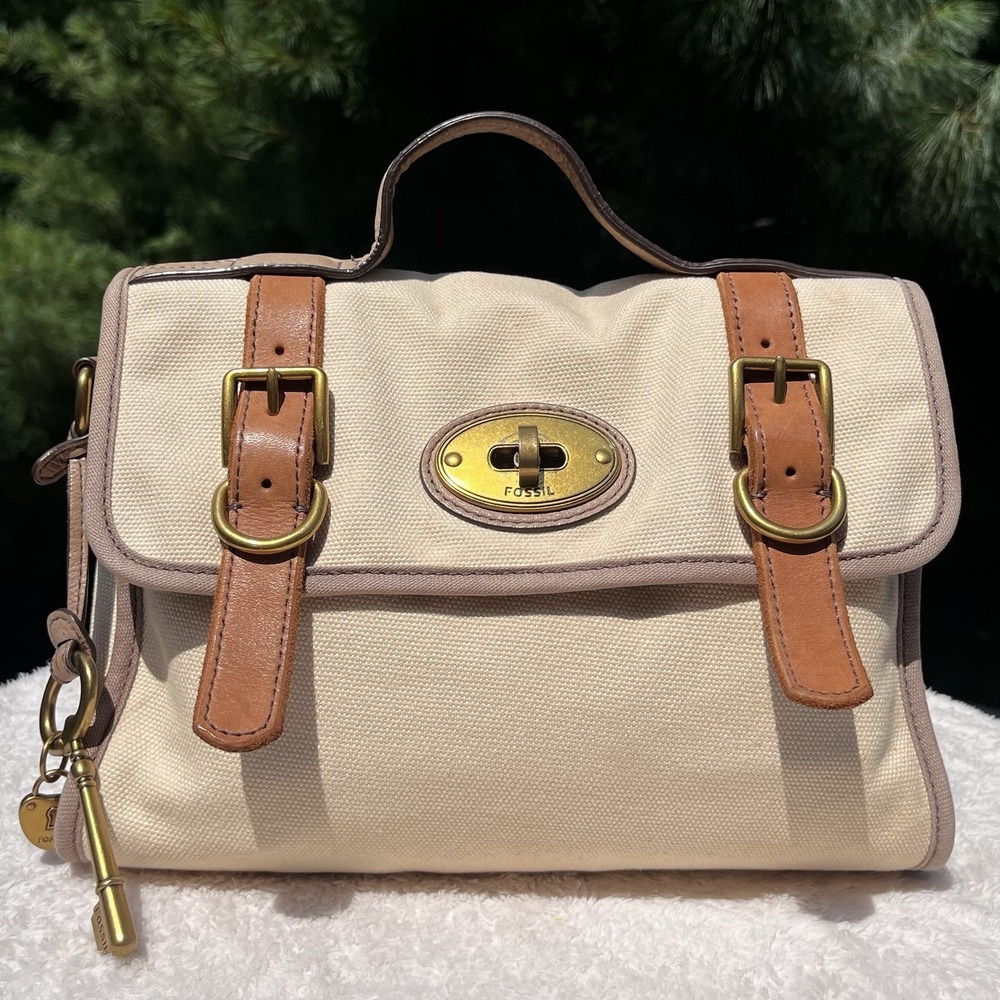 Fossil VRI II Messenger Bag Fabric Flap Tan Top Handle Purse Key Charm Hangtag